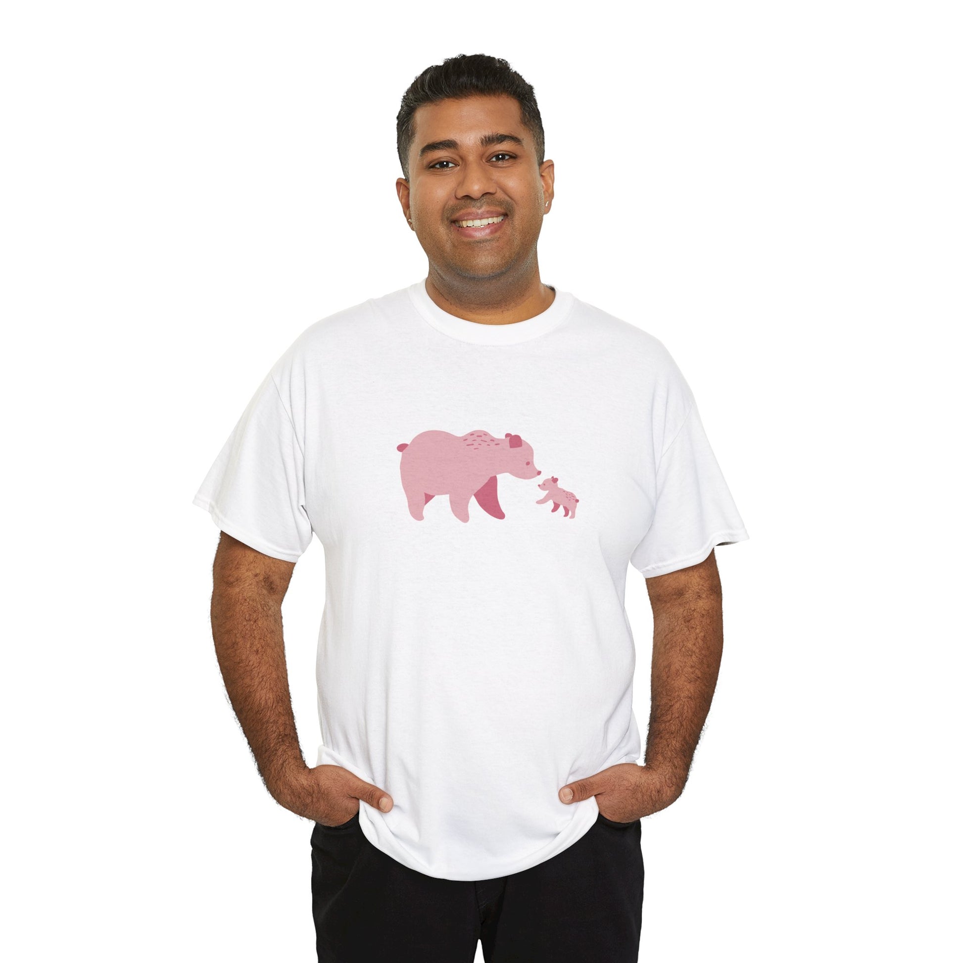 A man wearing a white unisex cotton T-shirt with pink bear fam print.