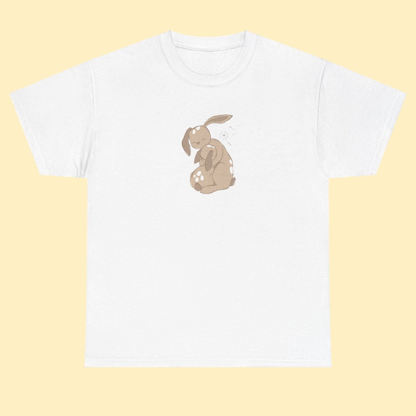 Unisex T-shirt with a print of cuddling hare family