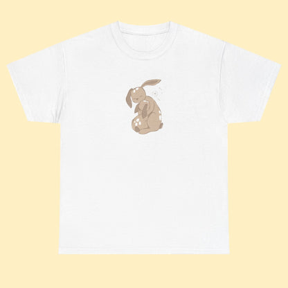 Unisex T-shirt with a print of cuddling hare family