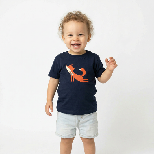 A toddler wearing Playful Fox -print T-shirt