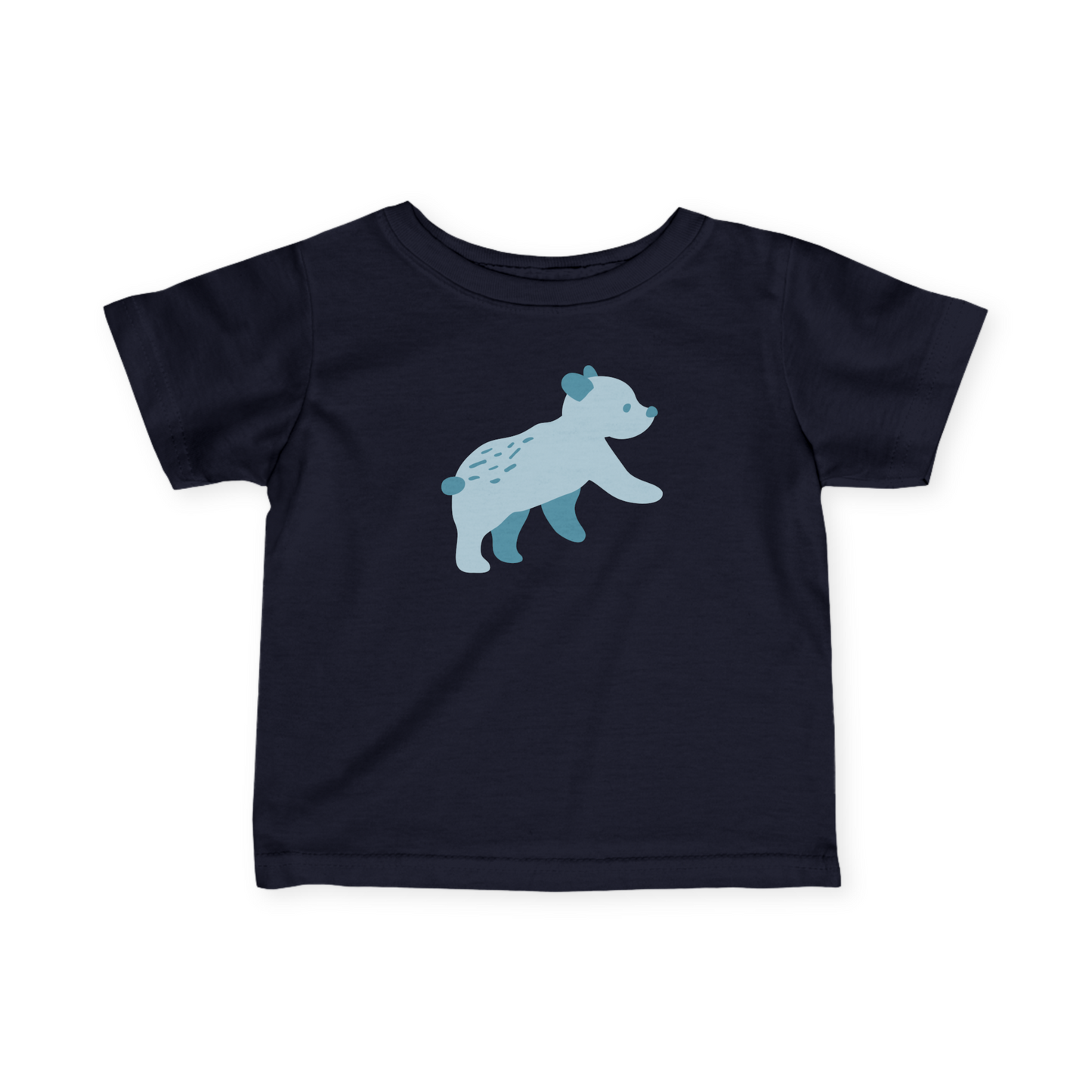 A navy toddler T-shirt with blue Runaway Cub print.