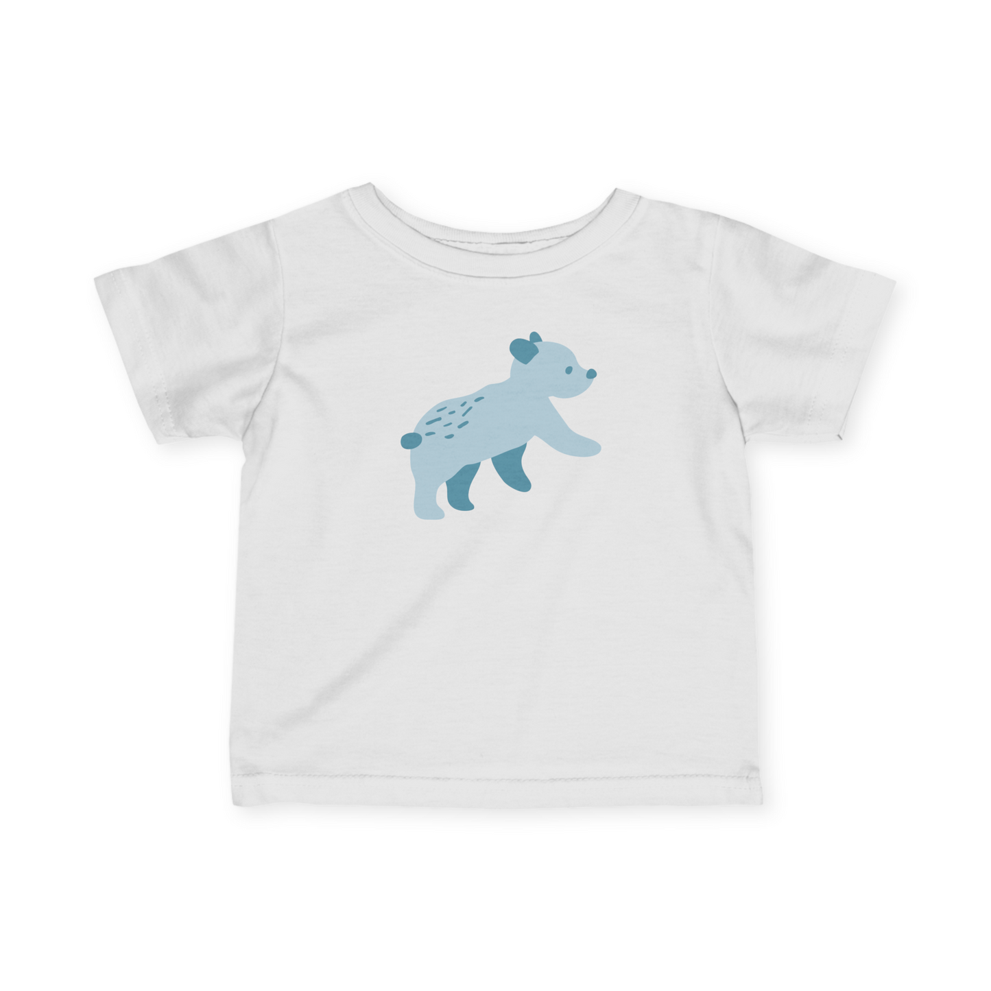A white toddler T-shirt with blue Runaway Cub print.