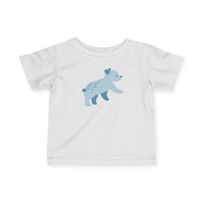 A white toddler T-shirt with blue Runaway Cub print.