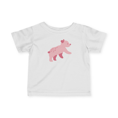 A white toddler T-shirt with pink Runaway Cub print.