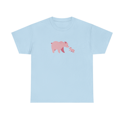 Light blue unisex cotton T-shirt with pink bear fam print