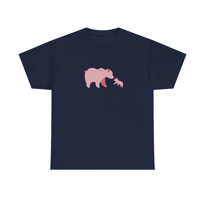 Navy unisex cotton T-shirt with pink bear fam print