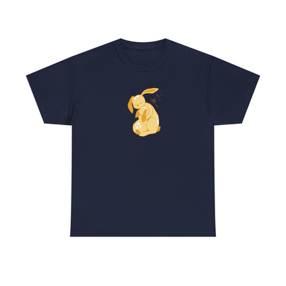 Navy unisex cotton T-shirt with yellow cuddle print