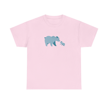 Pink unisex cotton T-shirt with blue bear fam print