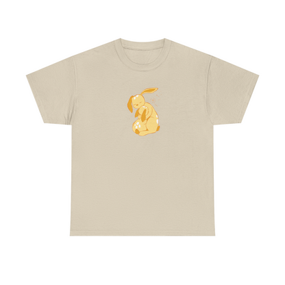 Sand brown unisex cotton T-shirt with yellow cuddle print