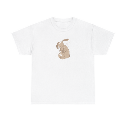 White unisex cotton T-shirt with sand brown cuddle print