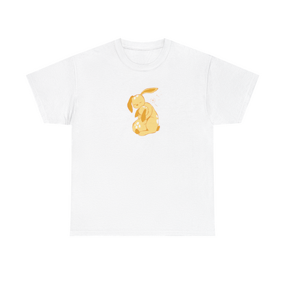 White unisex cotton T-shirt with yellow cuddle print