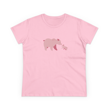 Women's pink cotton T-shirt with pink bear family print.