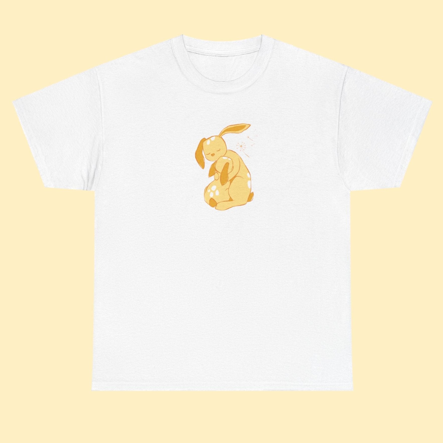 Unisex T-shirt with a print of cuddling hare family