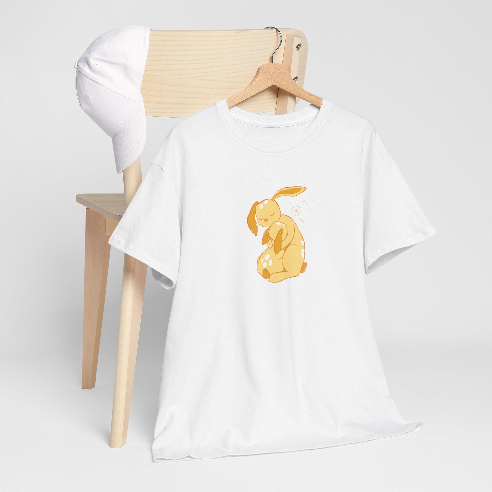 Unisex T-shirt with a print of cuddling hare family