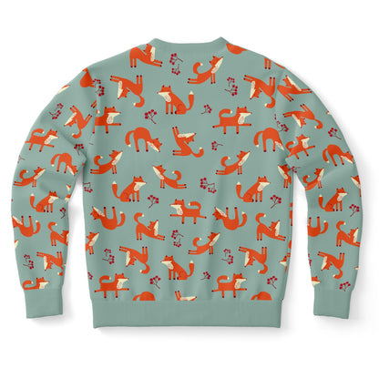 Lichen green unisex sweatshirt with Playful Fox -pattern.