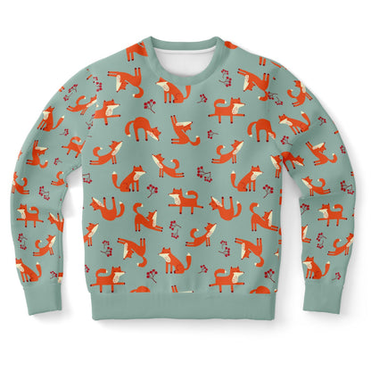 Lichen green unisex sweatshirt with Playful Fox -pattern.