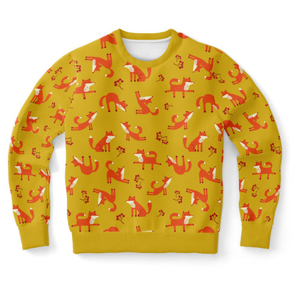 Yellow unisex sweatshirt with Playful Fox -pattern.