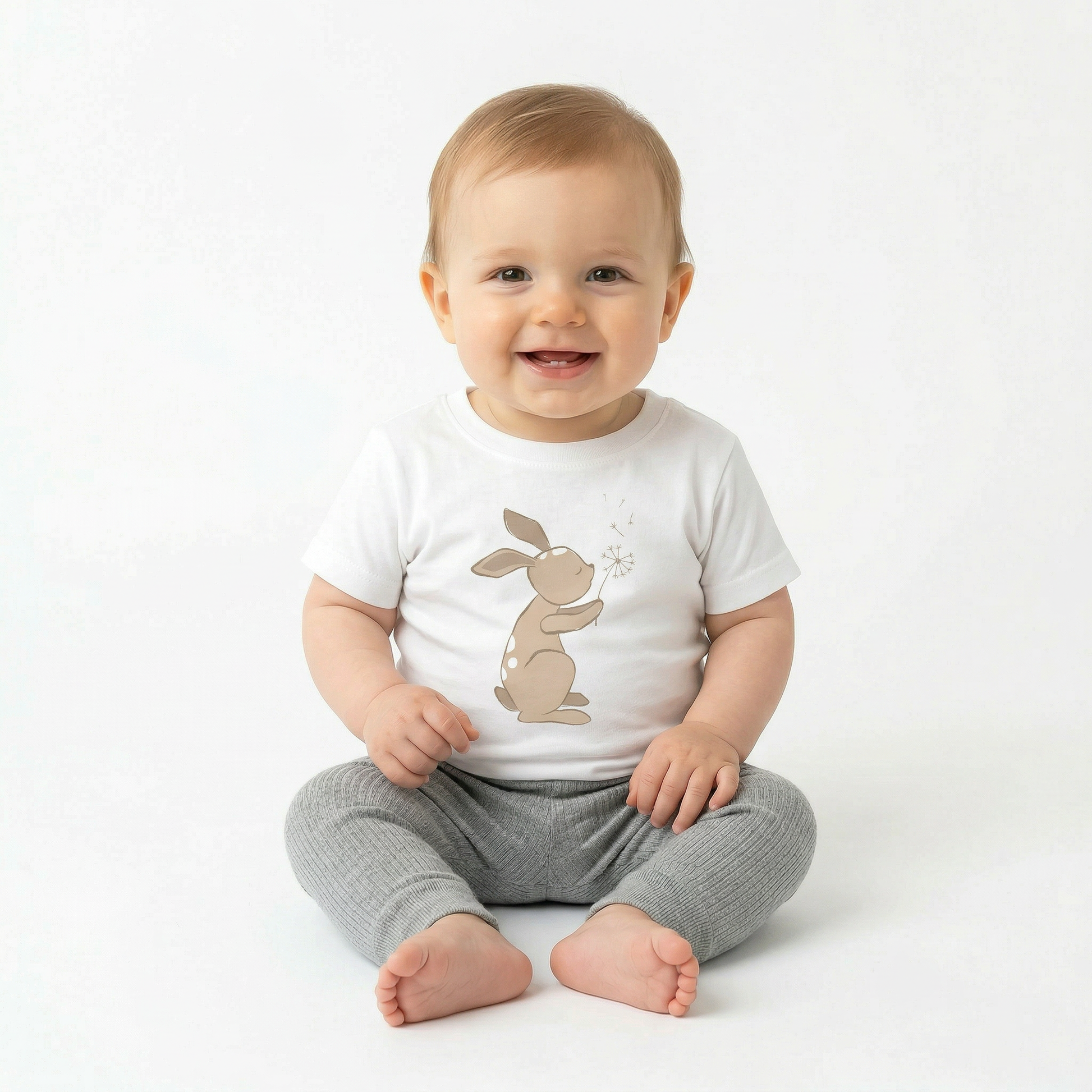 A baby wearing Dandelion-print T-shirt