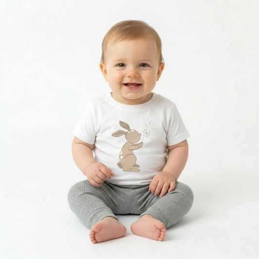 A baby wearing Dandelion-print T-shirt