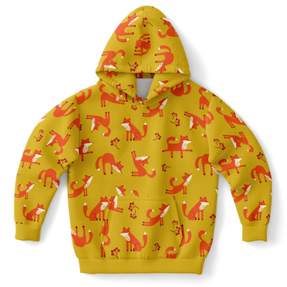 Children's yellow hoodie with playful fox pattern.