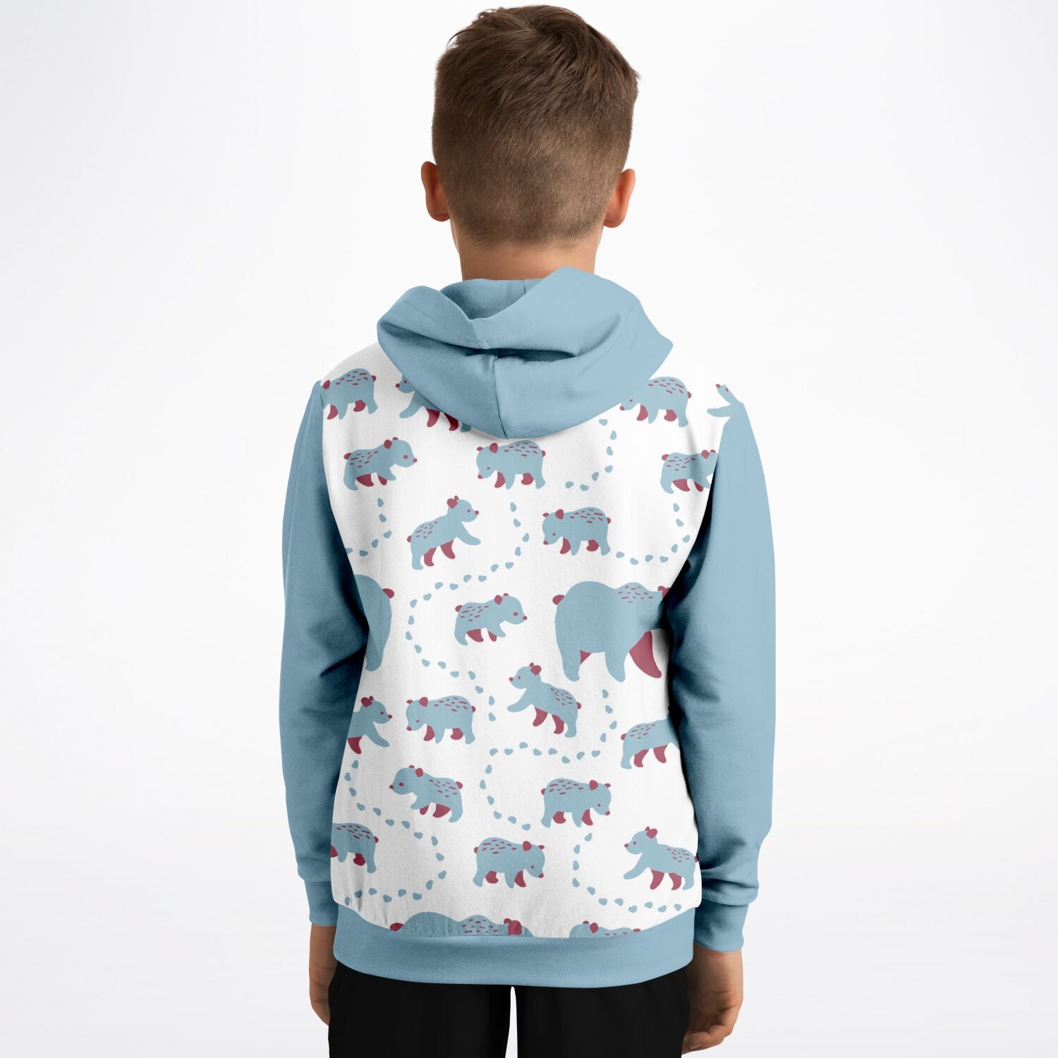 A back view of a boy wearing a hoodie with Runaway Cubs pattern.