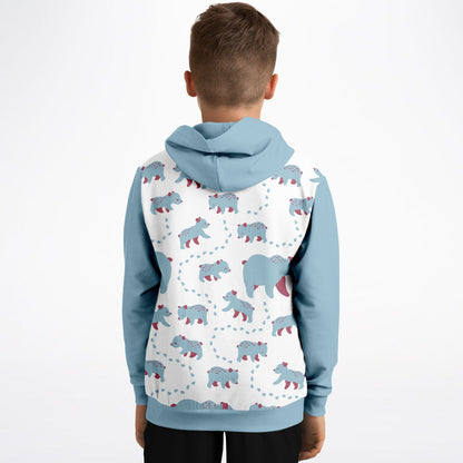 A back view of a boy wearing a hoodie with Runaway Cubs pattern.