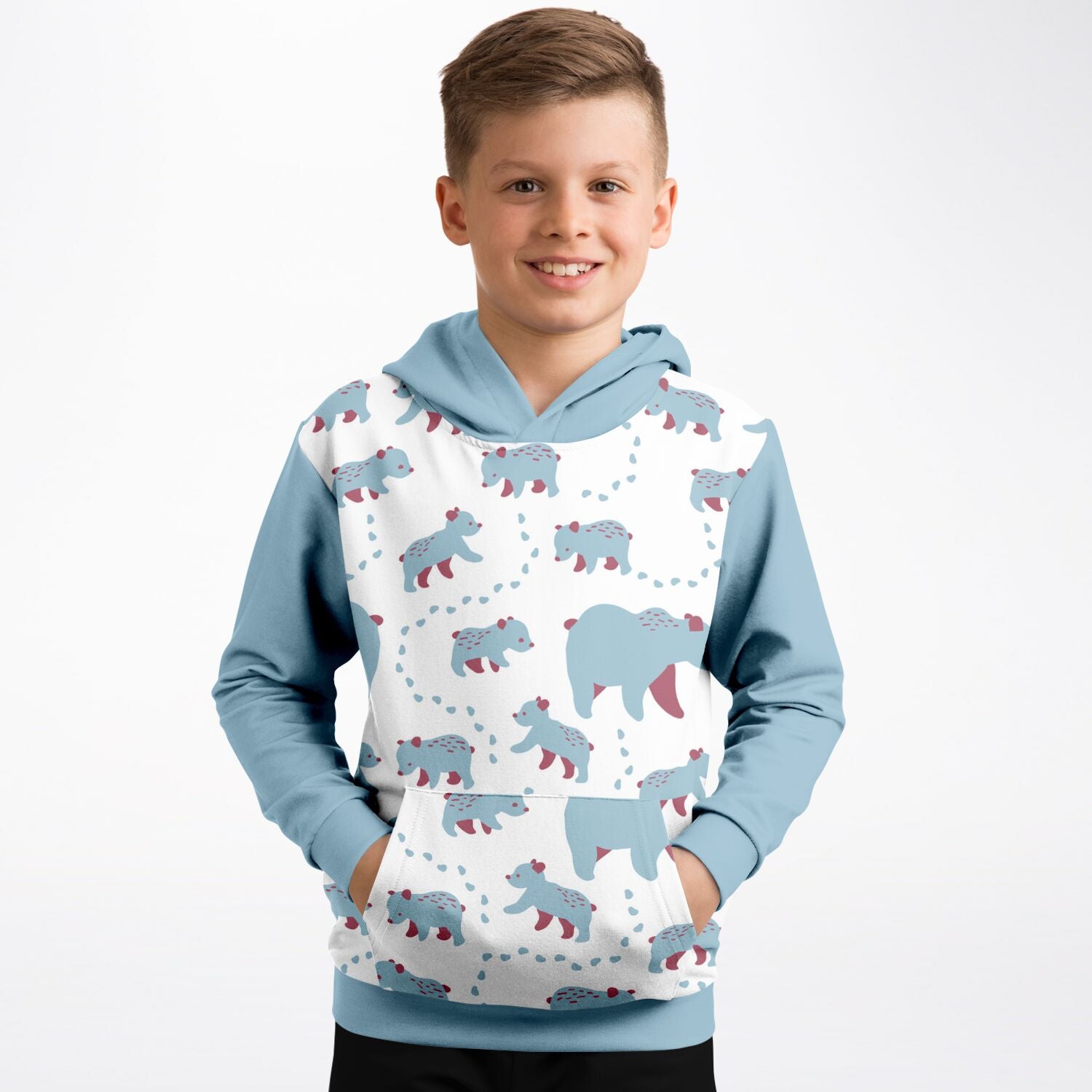 A boy wearing a hoodie with Runaway Cubs pattern.