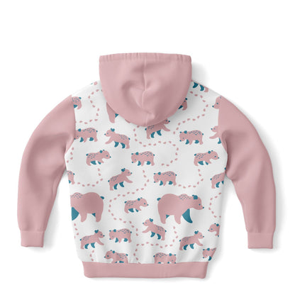 Pink kids' hoodie with Runaway Cubs pattern.