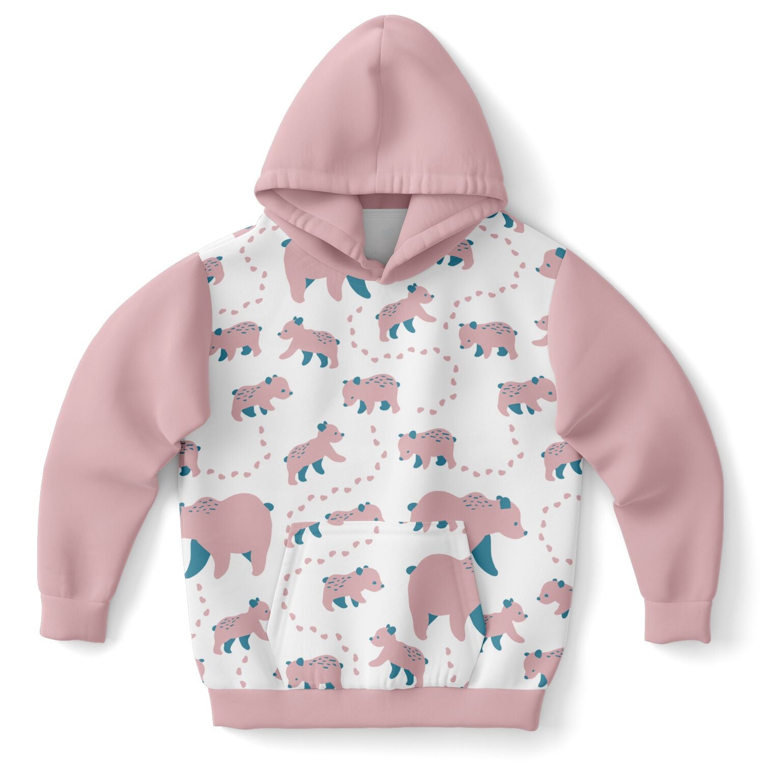 Pink kids' hoodie with Runaway Cubs pattern.