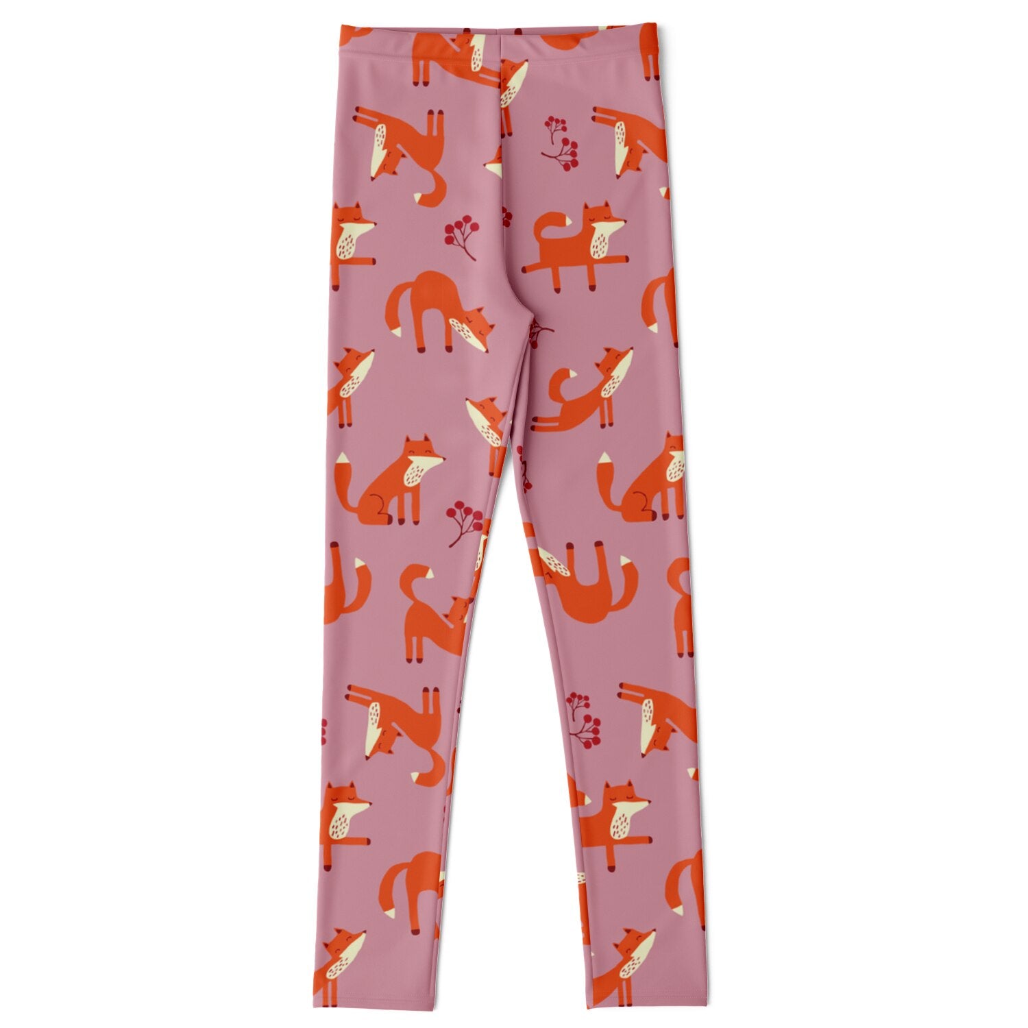 Kids pink leggings with Playful Fox pattern.