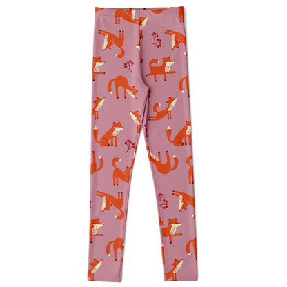 Kids pink leggings with Playful Fox pattern.