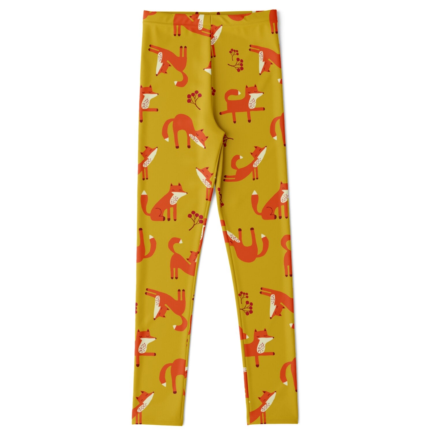 Kids yellow leggings with Playful Fox pattern.