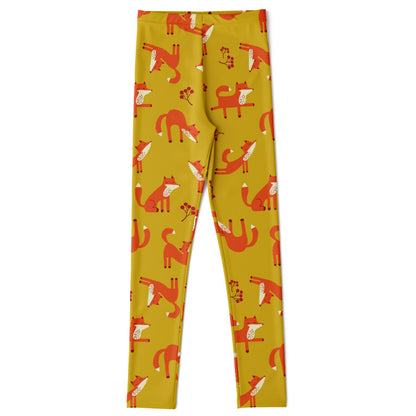 Kids yellow leggings with Playful Fox pattern.