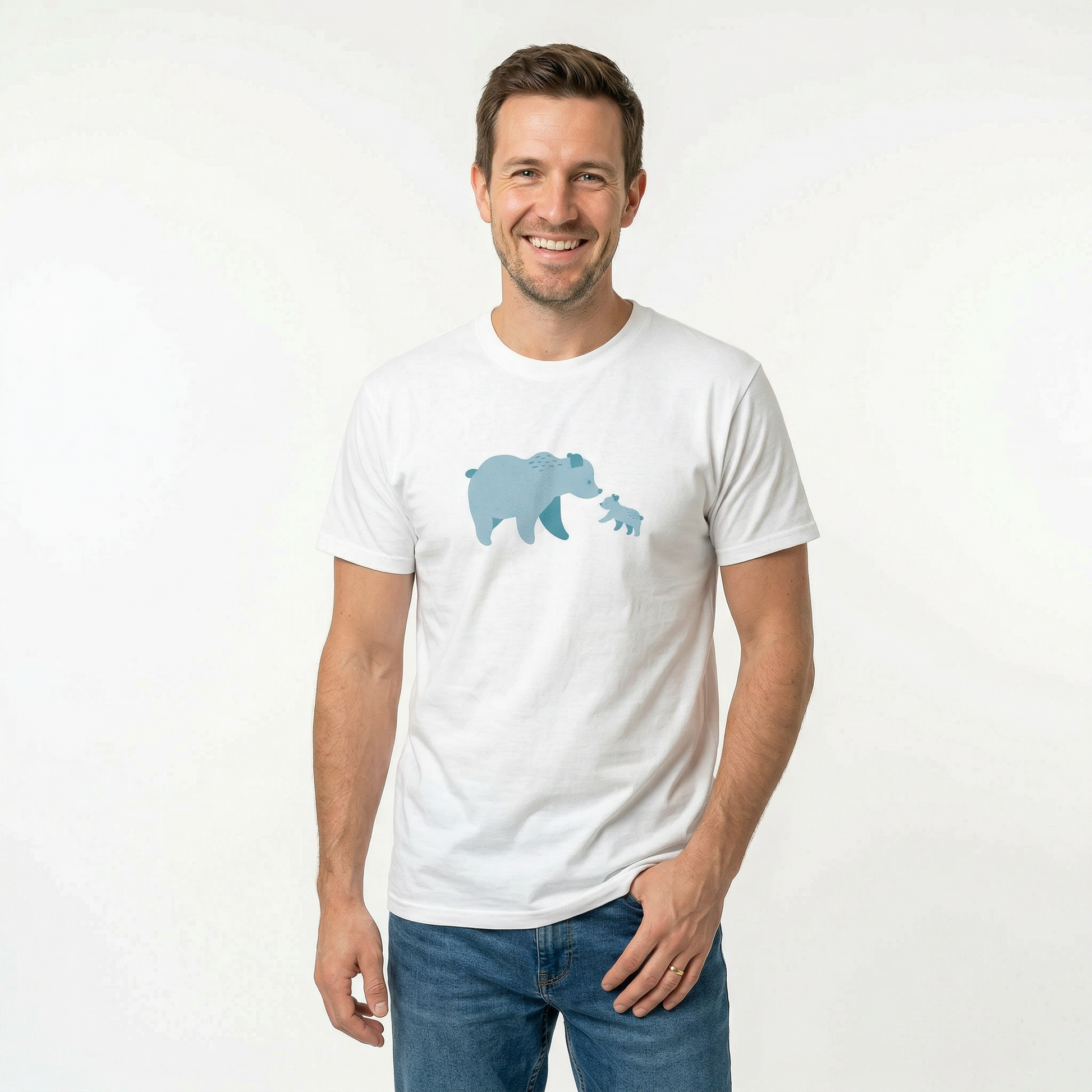 A man wearing Bearfam-print T-shirt