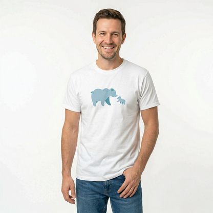A man wearing Bearfam-print T-shirt