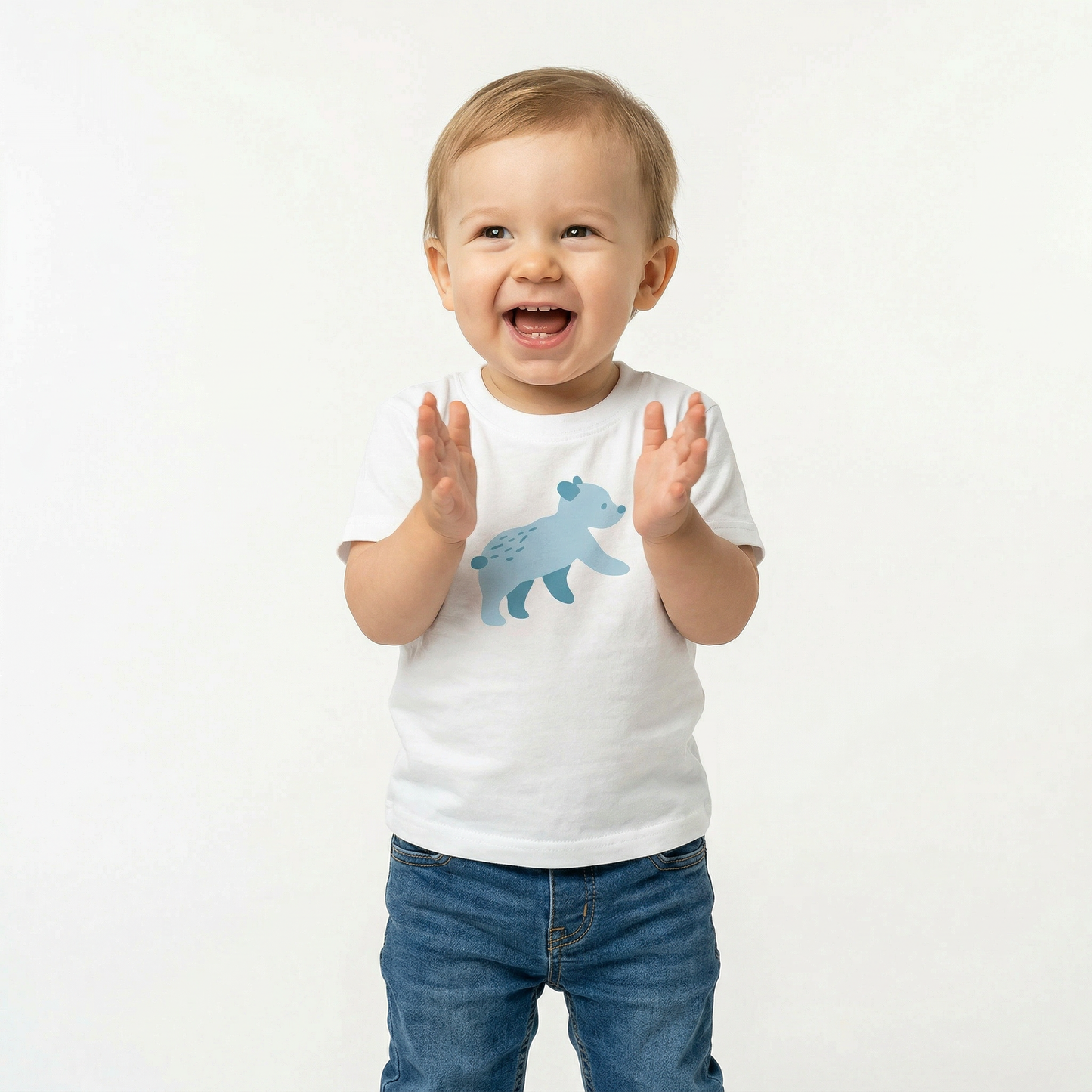 A toddler wearing Runaway cub-print T-shirt