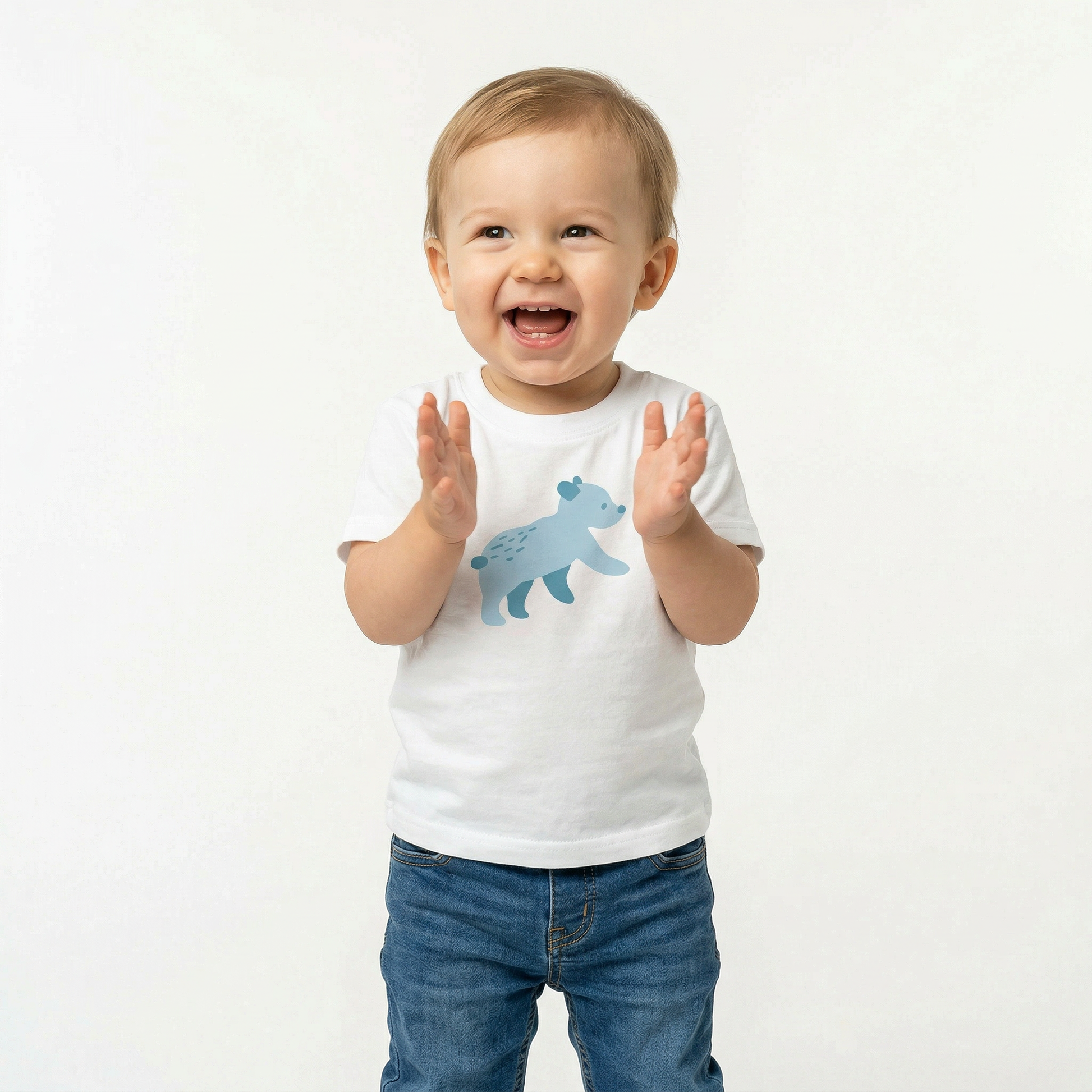 A toddler wearing Runaway cub-print T-shirt