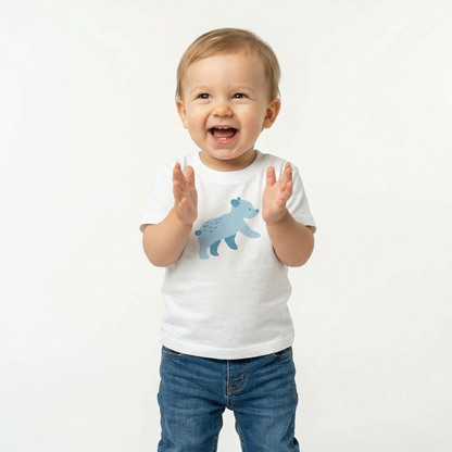 A toddler wearing Runaway cub-print T-shirt